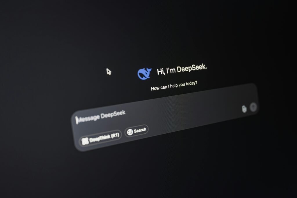 Close-up of DeepSeek AI interface on a dark screen highlighting chat functionality.
